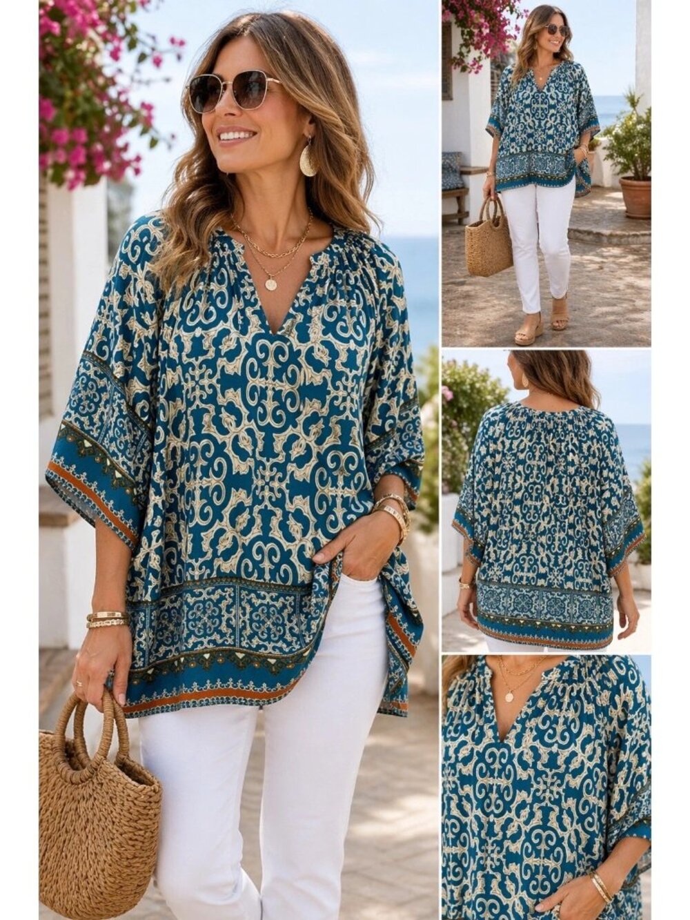 Boho Teal Print Blouse Flowy Tunic Resort Coastal Chic Top Rayon/Nylon XL